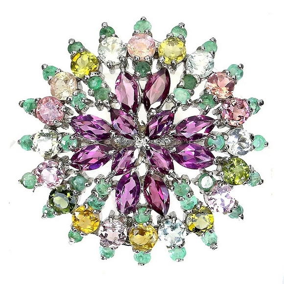 Natural Rhodolite Garnet, Emerald, Tourmaline Gems 925 Sterling Silver Ring 7.5 - Picture 3 of 7